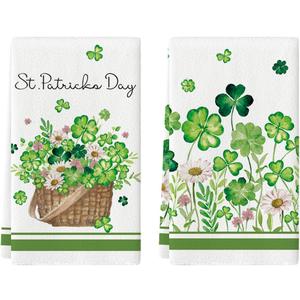 Artoid Mode Flower Basket Clover Shamrock St.Patrick's Day Kitchen Dish Towels, 18x26 Inch Farmhouse Holiday Decoration Spring Cleaning Set of 2