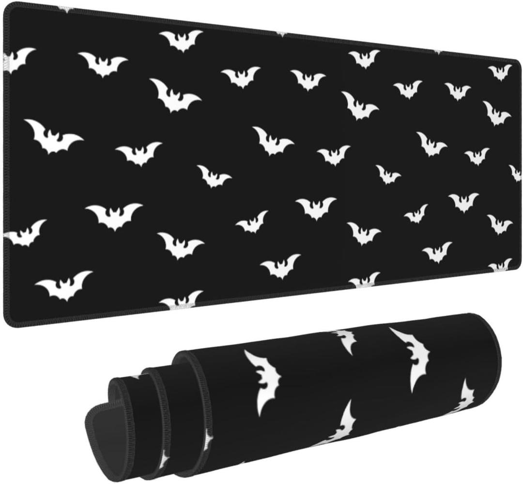 Extended Gaming Mouse Pad with Stitched Edges, Black White Halloween Bats Large Desk pad Long XL Keyboard and Mouse Pad Desk Mat for Gaming Office & Home, 31.5x11.8 in