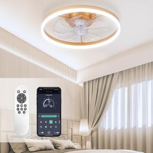 STERREN Modern Gold Ceiling Fans with Lights,20" Dimmable Flush Mount Low Profile Ceiling Fans with Remote Control,Indoor Smart Ceiling Fan with Light for Bedroom, 19.7 inch