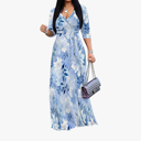 PinkPatty Summer Trendy Dress for Women Casual 3/4 Sleeve V Neck Printing Maxi Dress Elegant Wedding Guest Sundress with Belt, Size: Medium