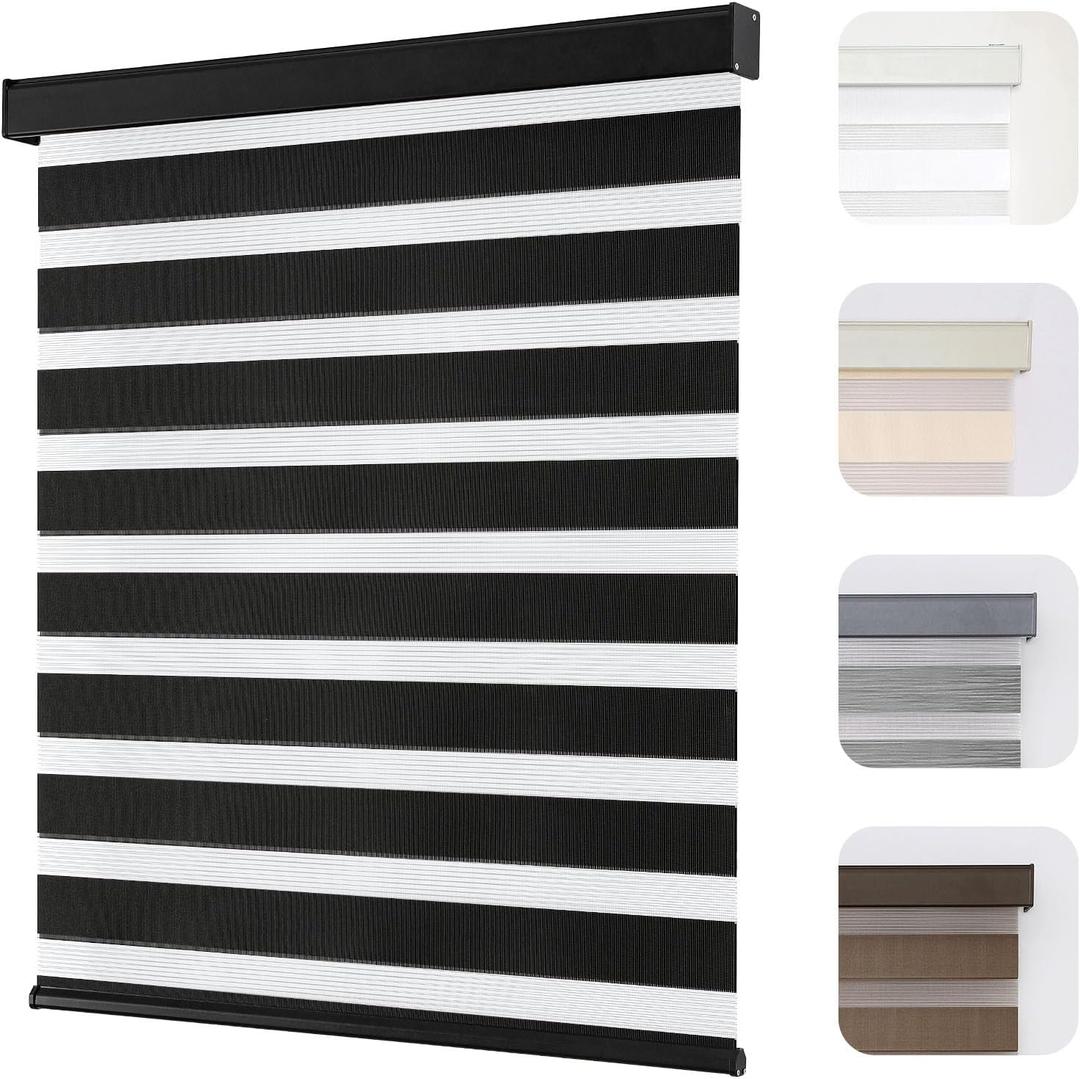 Joydeco Cordless Zebra Blinds for Windows, Dual Layer Light Control Window Blinds with Light-Proof Aluminum Cover, Free-Stop Roller Shades for Home & Office (Black,25" W x 75" H)