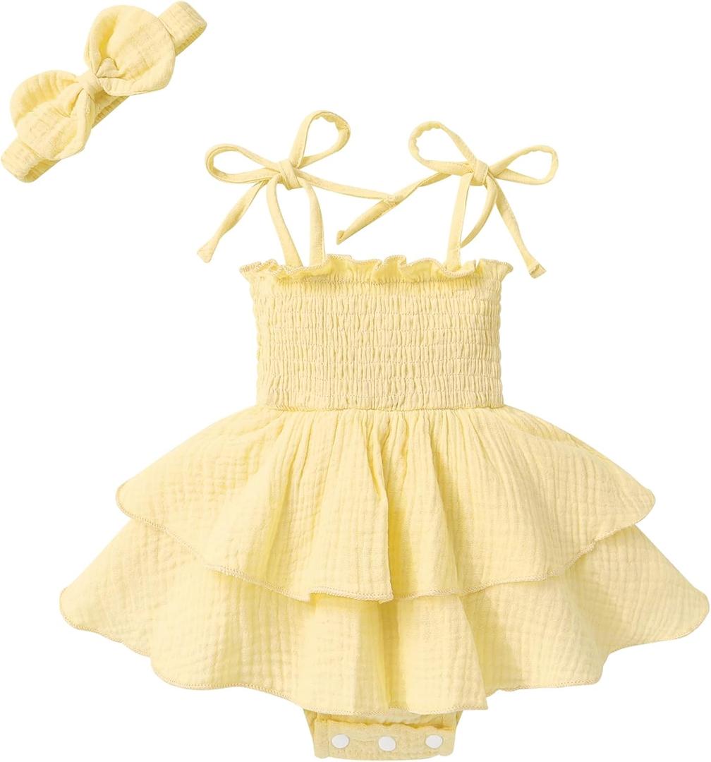 YOUNGER TREE Baby Girl Clothes Infant Summer Romper Dress Sleeveless Bodysuit Jumpsuit with Headband Toddler Outfits (Yellow, S) 3-5M