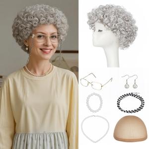 TESS 7 Pcs Old Lady Wig Costume Set, 100 Days of School Grandma Gray Hair Wig Cap Glasses Chain Pearl Bead Necklace for Cosplay Costume, Silver, Coily, 10 Inches (One Size)