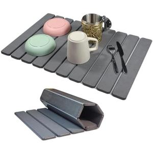 Large Stone Dish Drying Mat for Kitchen Counter Sink Bathtub, Diatomaceous Earth Food Grade Super Absorbent Self-Drying Fast Dry, Foldable Easy-to-Clean Eco-Friendly Drying Pad, 24"×16", Dark Gray