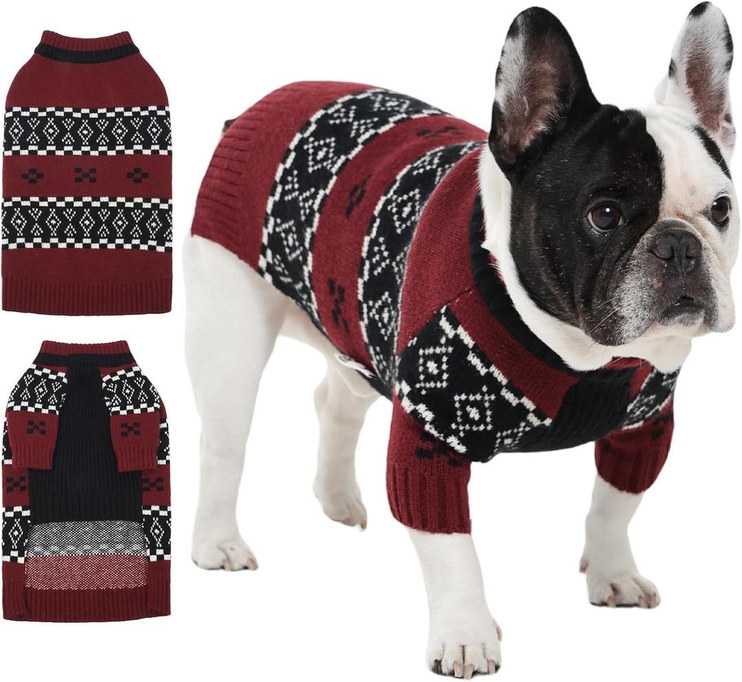 IECOii Male Dog Sweater,Thick Knitted Dog Sweaters for Small Medium Dogs Boy,Mid Neck Knitwear Extra Warm Pullover for Cold Weather,Cozy & Stretchy for Active Dogs, French Bulldog Sweater, DarkRed, M (Medium(Chest:17.32 in/44 cm))