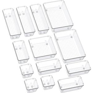 SMARTAKE 13-Piece Drawer Organizers with Non-Slip Silicone Pads, 5-Size Desk Bathroom Drawer Organizer Trays Storage Tray for Makeup, Jewelries, Utensils in Bedroom Dresser, Office and Kitchen, Clear