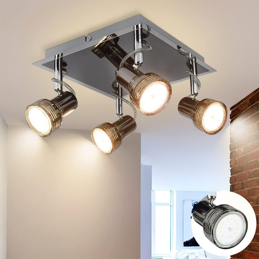 DLLT Modern LED Track Lighting Fixture, 4-Light Square Ceiling Spot Lights, Flush Mount Directional Ceiling Track Light Kits for Kitchen, Living Room, Bedroom, Warm Light 3W GU10 Bulbs (Included)