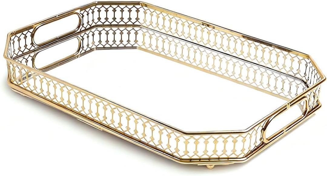 Bar Gold Mirrored Trays Mirror Decorative Tray13.8" X 9.6" X2.2" Vintage Mirrored Bar Tray for Perfume and Cosmetics Dressing Table Bathroom or Jewelry Display Bar Cart Drink Tray