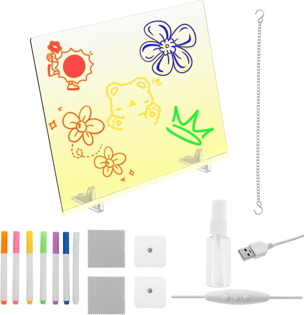 LED Note Board with Colors, 15.75''X11.81'' 4 Modes & 7 Colors Acrylic Dry Erase Board with Light Include Adapter, Hanging Chain, Led Note Message Drawing Boards