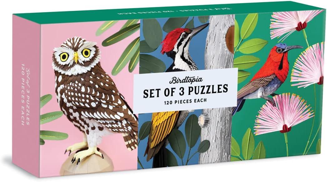 Galison Birdtopia Puzzle Set, Includes 3 Coordinating 120Piece Puzzles, 5.5” x 8” Each – Art Puzzle with Illustrations by Diana Herrera Beltran, Thick Sturdy Pieces, Challenging Family Activity