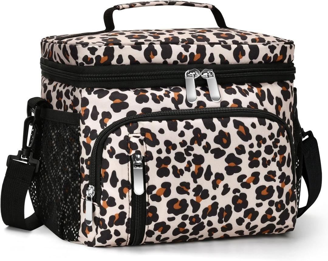 Insulated Lunch Bag for Men & Women, 9L Leakproof Lunch Box Soft Cooler Tote with 5 Pockets, 600D Oxford, EVA Lining, Adjustable Strap for Work, Picnic, Beach&Travel-Leopard Print (Single)
