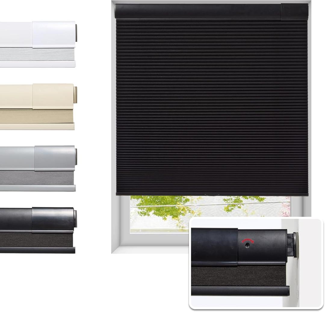 No Drill Cellular Shades for Indoor Windows, Thermal Insulating & Noise Reducing Honeycomb Blinds, Free Stop Cordless Blackout Shades, Black, 26 1/2" W x 64" H