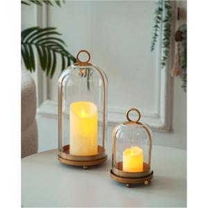 Glass Hurricane Candle Holders for Pillar Candles, Set of 2 (5" & 4" Wide) with Sturdy Glass Dome & Brass Base for Farmhouse, Shabby Chic Vintage Decor (Antique Brass)