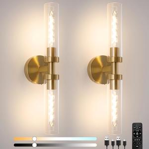 EIDEARAY Battery Operated Wall Sconces, Wall Sconce Set of 2, 3000K-6500K Gold Rechargeable Wall Lamp with Remote, Indoor Non-Hardwired Wall Sconce, Modern Vanity Light for Bedroom, Living Room, Aisle