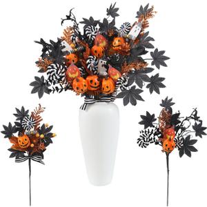 6 PCS Halloween Decorations, 19.5 Inch Artificial Flower Stems Halloween Branches with Eucalyptus Pumpkins Leaf Ghost&Bat Accents, Festive Ornaments and Picks, Holidy Black Table Centerpieces Decor