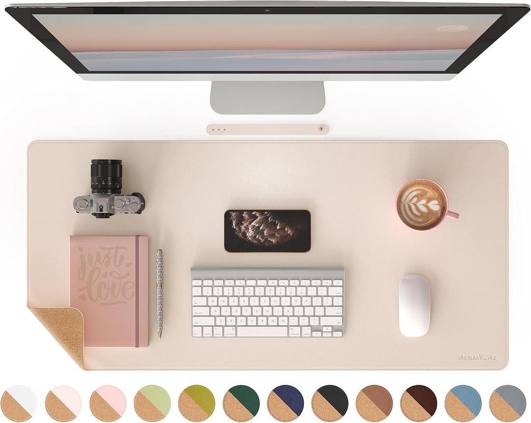 RENMTURE Dual-Sided Mouse Pad, Natural Cork & PU Leather Large Desk Pad for Office and Home Work, Desk Protector Non-Slip, Waterproof, Easy Clean (Apricot, 36"x17")
