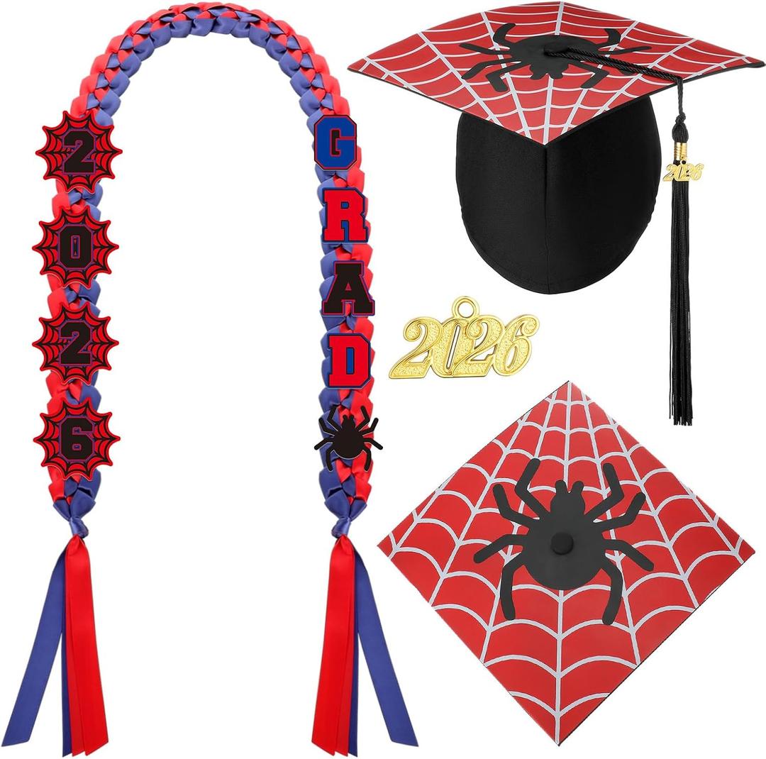 Dunzoom 11 Pcs Spider Graduation Ribbon Lei with Cap Class of 2026 Spider Graduation Lei Red Printed Grad Hat for 2026 High School College Graduate Gifts Grad Celebration Party Supplies