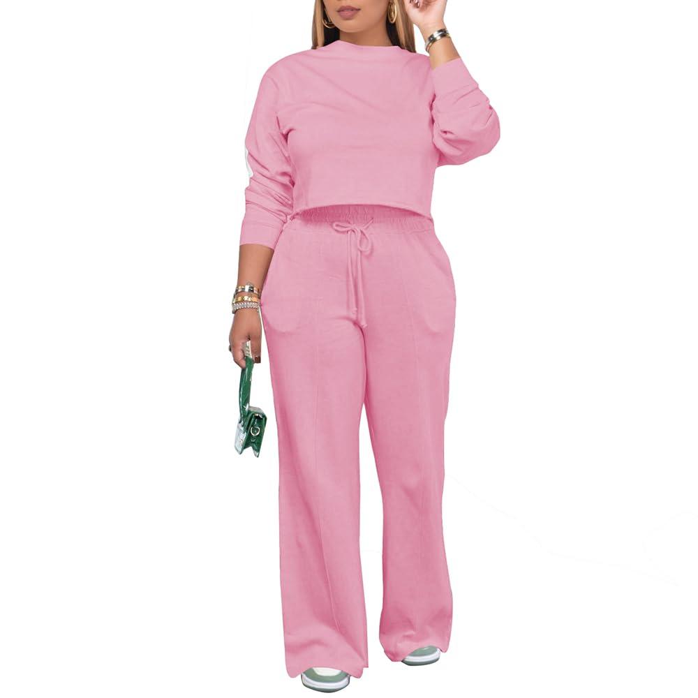 PINSV Women's 2 Piece Outfits Sweatsuit Set Long Sleeve Crop Top Drawstring Wide Leg Pants with Pockets Track Suits Casual Sets, Pink, XXL