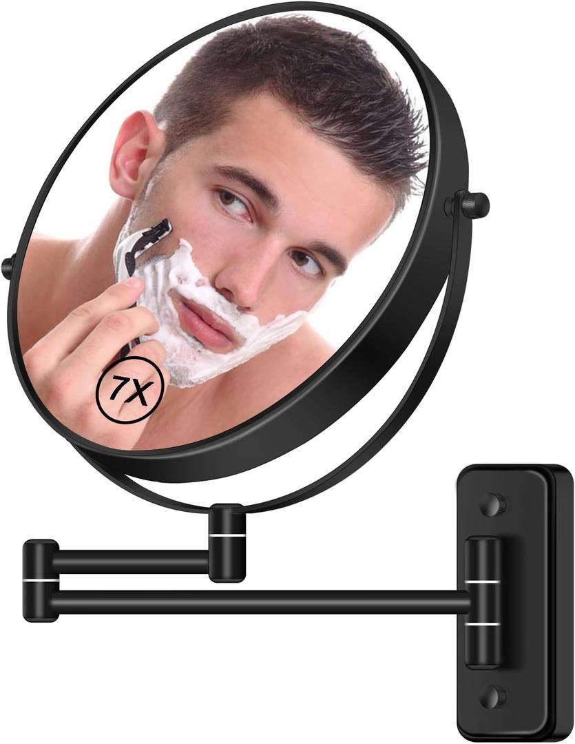 8 Wall Mounted Magnifying Makeup Mirror 1X/7X Wall Mount Mirror Swing Arm Two-Sided 360 Swivel Bathroom Shaving Mirror for Men and Women in Hotel/Home, Black