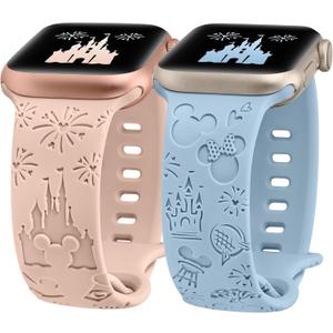 2 Packs Cartoon Engraved Band Compatible with Apple Watch Band 38/40/41/42/ 44/45/ 46/49mm Women, Cute Designer Soft Silicone Strap for iWatch Series 11 10 9 8 7 6 5 4 3 SE/Ultra 3 2 1 (Pink & Baby Blue)