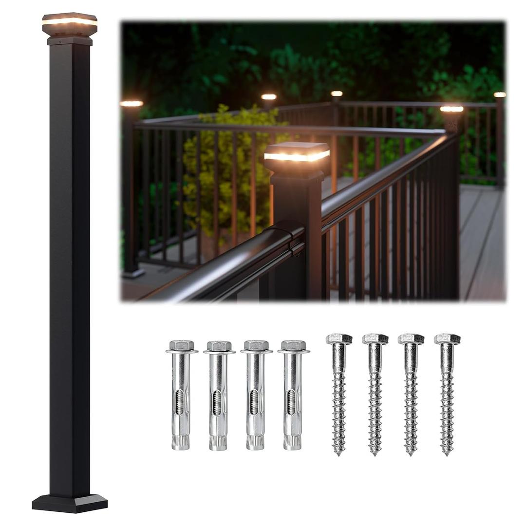 Egadis 2.56 in. x 2.56 in. x 39 in. Porch and Deck Railing Post with Light, Aluminum Railing Post, Textured Outdoor AAMA 2604 Powder-Coat Finish Stair Post for Decks, Porches & Balconies (1 Post)
