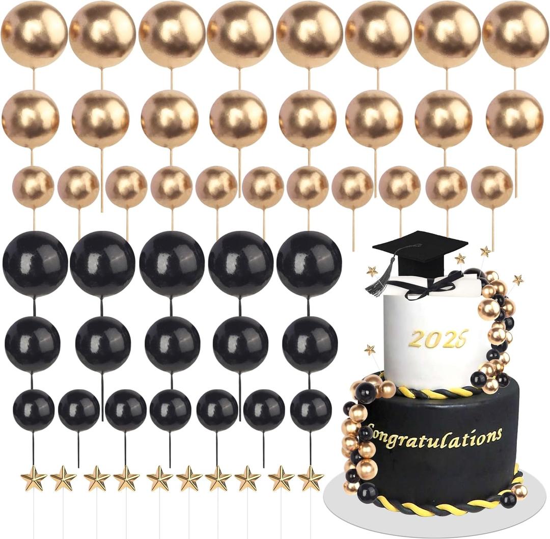 25 PCS 2025 Graduation Cake Toppers Diploma Congrats Grad Cap Cake Topper Balls Class of 2025 Cake Decorations for 2025 Senior High College Celebration Graduation Party Supplies Black