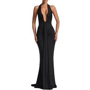 Women's Sexy Deep V-Neck Maxi Dress Sleeveless Halter Ruched Bodycon Formal Cocktail Party Evening Dresses, Black, M