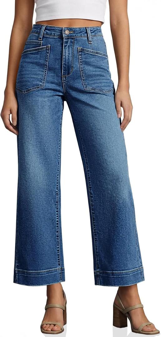 Cicy Bell Womens Cropped Wide Leg Jeans Stretchy High Waisted Trendy Baggy Denim Ankle Pants with Pockets (Blue, M)