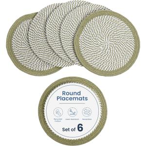 The Fine Living Co. Braided Cotton Placemats (Set of 6, 13.5 Inches), Washable Anti-Slip Heat Resistant Mats, Boho Woven Round Table Mats for Summer Table Decor, Kitchen and Dining (Green)