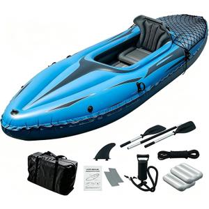 9ft Inflatable Fishing Kayak, 1-Person Foldable Boat, 220lb Capacity with Aluminum Oars, High Output Pump, Adjustable Seat, Removable Fins, Cargo Net for Adults, Lakes, Rivers and Fishing