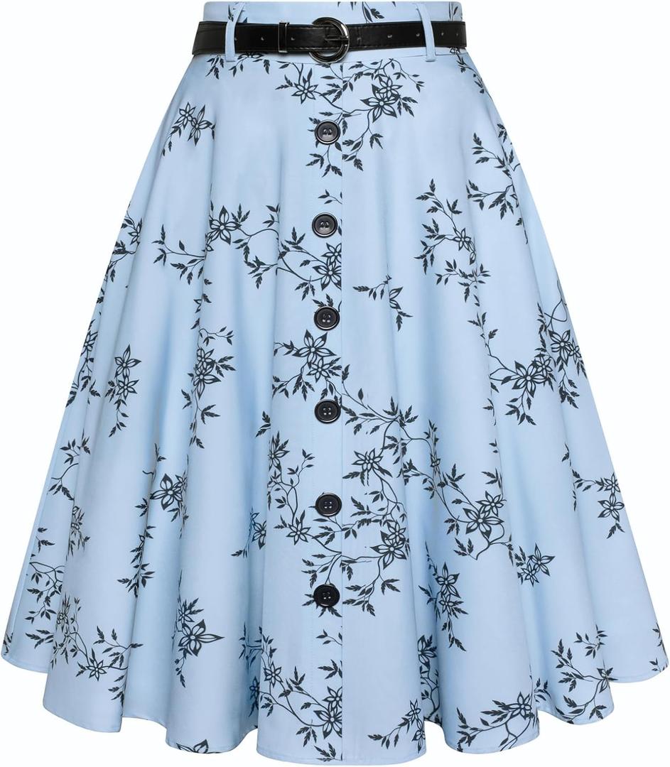Belle Poque Womens Aline Skirt Casual Button Front Midi Skirts Summer High Waist Flowy Belted Skirt with Pockets Navy-Flower L
