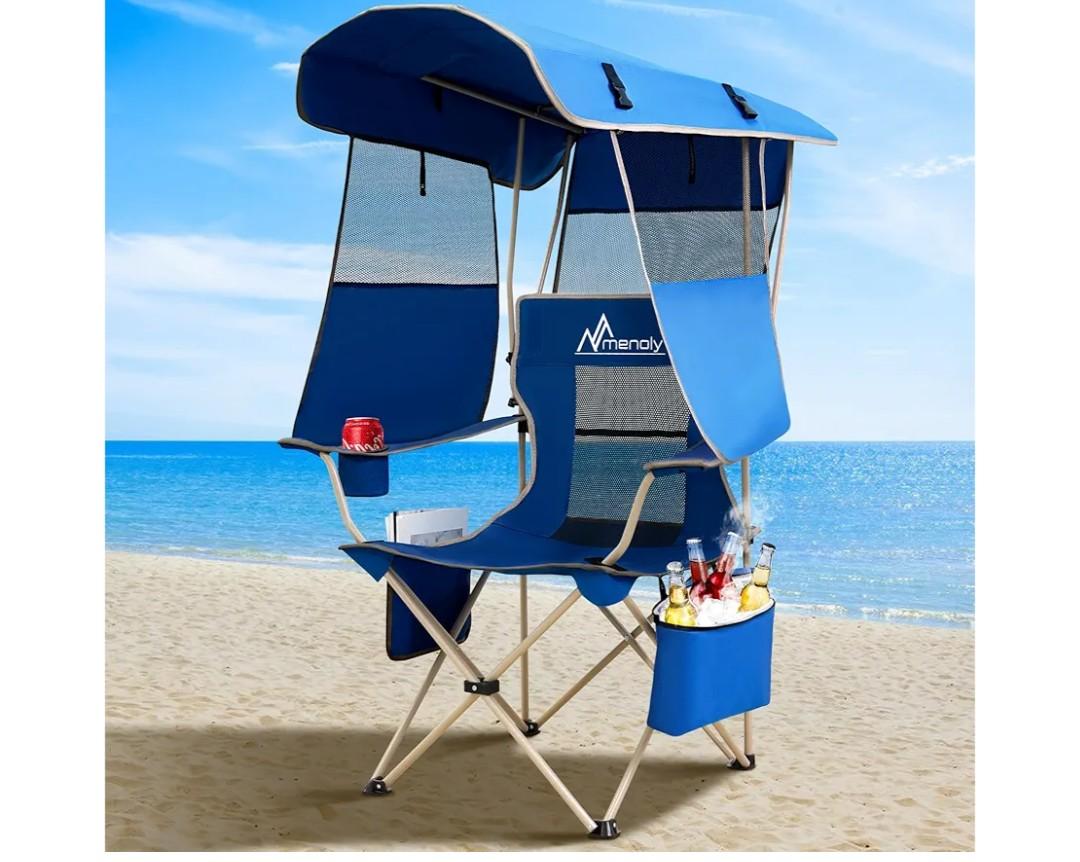 MENOLY Camping Chair with Shade Canopy, Folding Canopy Chair with Cooler Bag for Outdoor Sports, Lawn Chairs with Extra Storage Space, Sturdy Steel Frame for Camping, Beach, Tailgates, Fishing MENOLY Camping Chair with Shade Canopy, Folding Canopy Chair with Cooler Bag for Outdoor Sports, Lawn Chairs with Extra Storage Space, Sturdy Steel Frame for Camping, Beach, Tailgates, Fishing