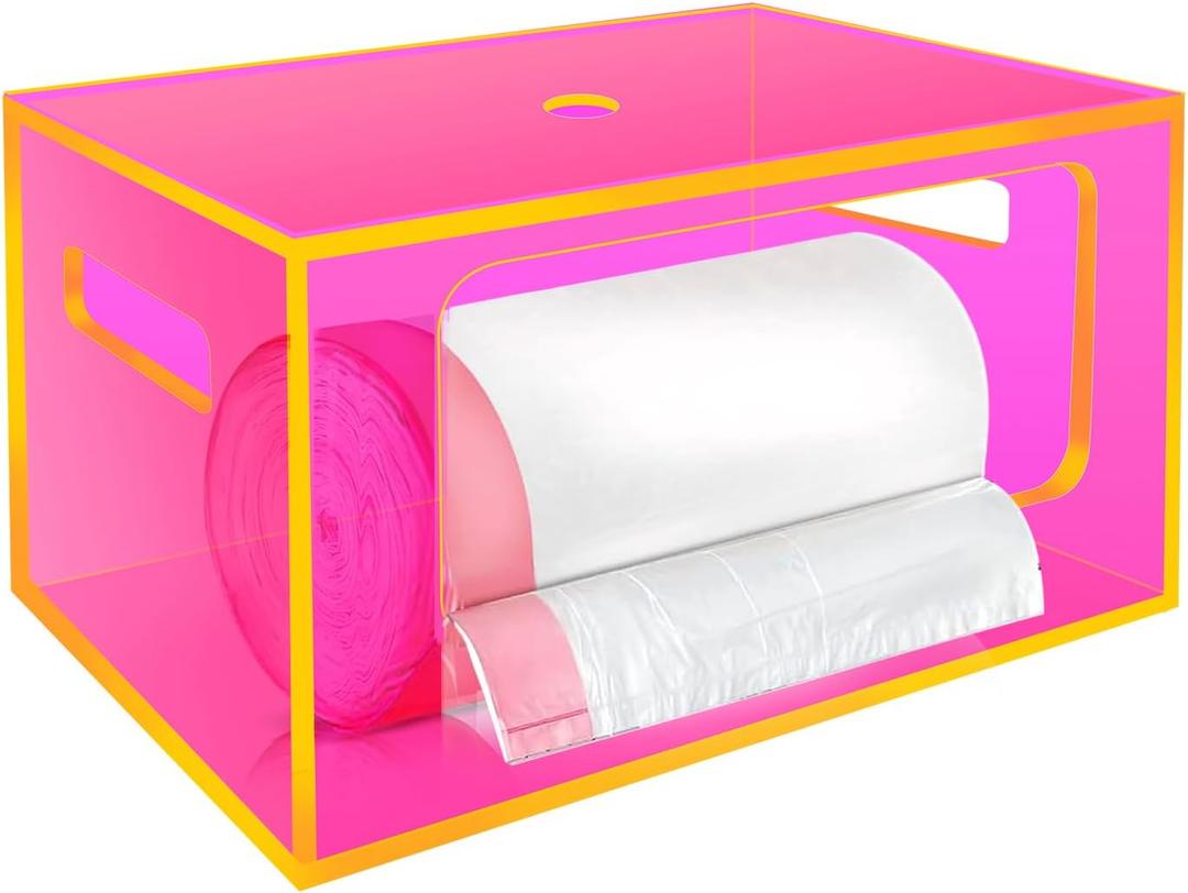 Stackable Trash Bag Holder Dispenser Under Sink Extra Large Acrylic Garbage Bag Storage Organizer with Top and Handles for Kitchen Laundry Room Pantry Cabinet, Neon Pink