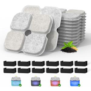 Cat Pet Water Fountain Filters, 12 Pack Replacement Filters Fit for 101oz/3L Crystal Cat Fountain, Triple Filtration System (12 Filters+12 Sponges)