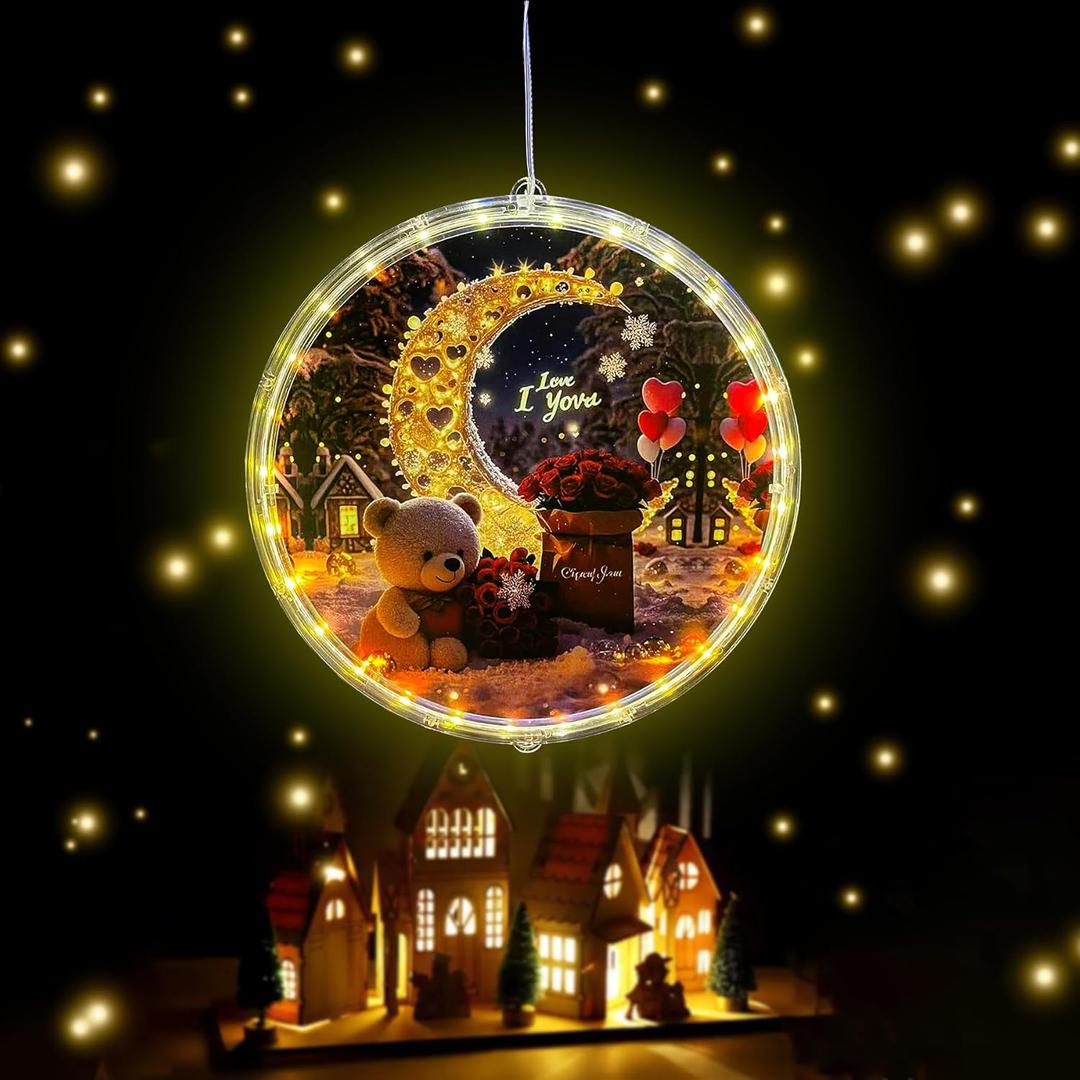 Bear Moon Flower Window Lights Decorations Circular Hanging String Lights Battery Powered Indoor for Wedding Anniversary Room Warm White (28LED)