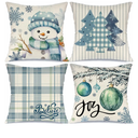 Christmas Winter Snowman Joy Snowflake Throw Pillow Covers Xmas Tree Pillow Covers 18x18 Set of 4 Winter Holiday Buffalo Plaid Cushion Case Decoration for Sofa Couch