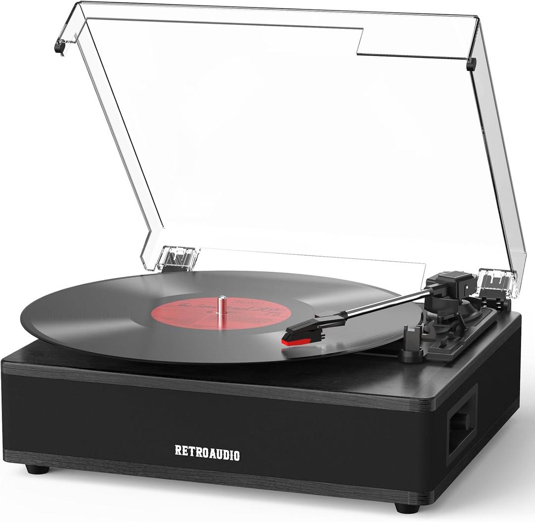 Vinyl Record Player with Built in Stereo Speakers Bluetooth LP Player Turntable Belt Drive 3-Speed (33, 45, 78 RPM) Vintage Turntables for Vinyl Records with RCA Output, Aux in, Auto Stop, Black