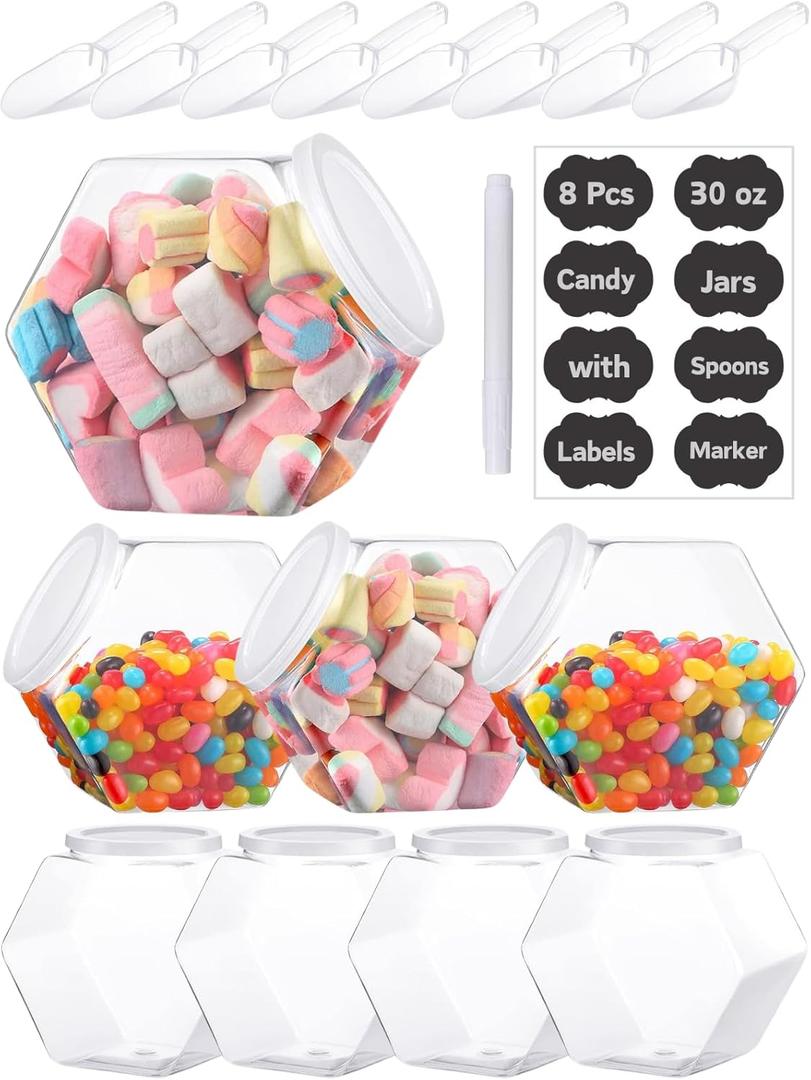8 Pcs 30oz Plastic Candy Jars with 8 Pcs Spoons, 16 Pcs Label Stickers & 1 Pcs Marker, Hexagon Candy Containers with Lids for Candy Buffet, Kitchen Storage Containers Set