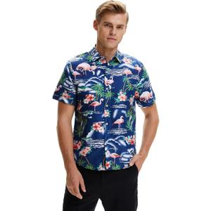 SSLR Pack Hawaiian Shirt for Men Flamingo Short Sleeve Casual Button Down Shirts Summer Beach Shirt (Blue, XXL)