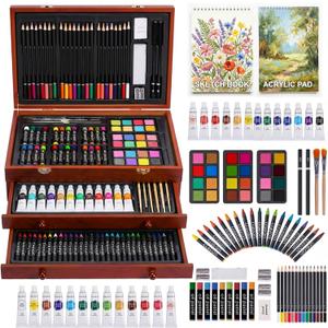 TMOL Art Supplies, 175-Pack Deluxe Art Set Drawing Painting Kit with 2 Drawing Pads, Acrylic Paints, Colored Pencils, Crayons, Art Kit in Wooden Case, Gift for Artist, Adults, Teens and Kids (Cherry)