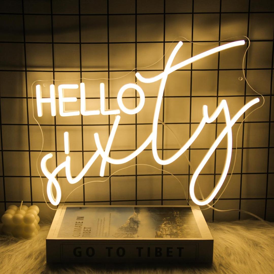 Hello Sixty Neon Sign Happy 60th Birthday LED Signs Warm White 60 Years Dimmable Neon Lights 60th Birthday Decorations Neon Signs for Wall Bedroom Birthday Party Decor Birthday Supplies
