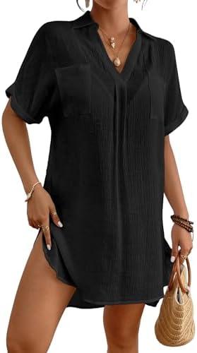 Bsubseach Bathing Suit Cover Up for Women Swim Cover Ups Summer Beach V Neck Bikini Swimwear with Pockets L