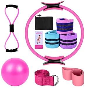 TUONU Pilates Essentials Kit for Women Yoga Sets at Home Equipment Pilates Magic Ring Booty Bands for Working Out Glutes Yoga Ball 25cm Figure 8 Resistance Yoga Bands for Stretching (Pink)
