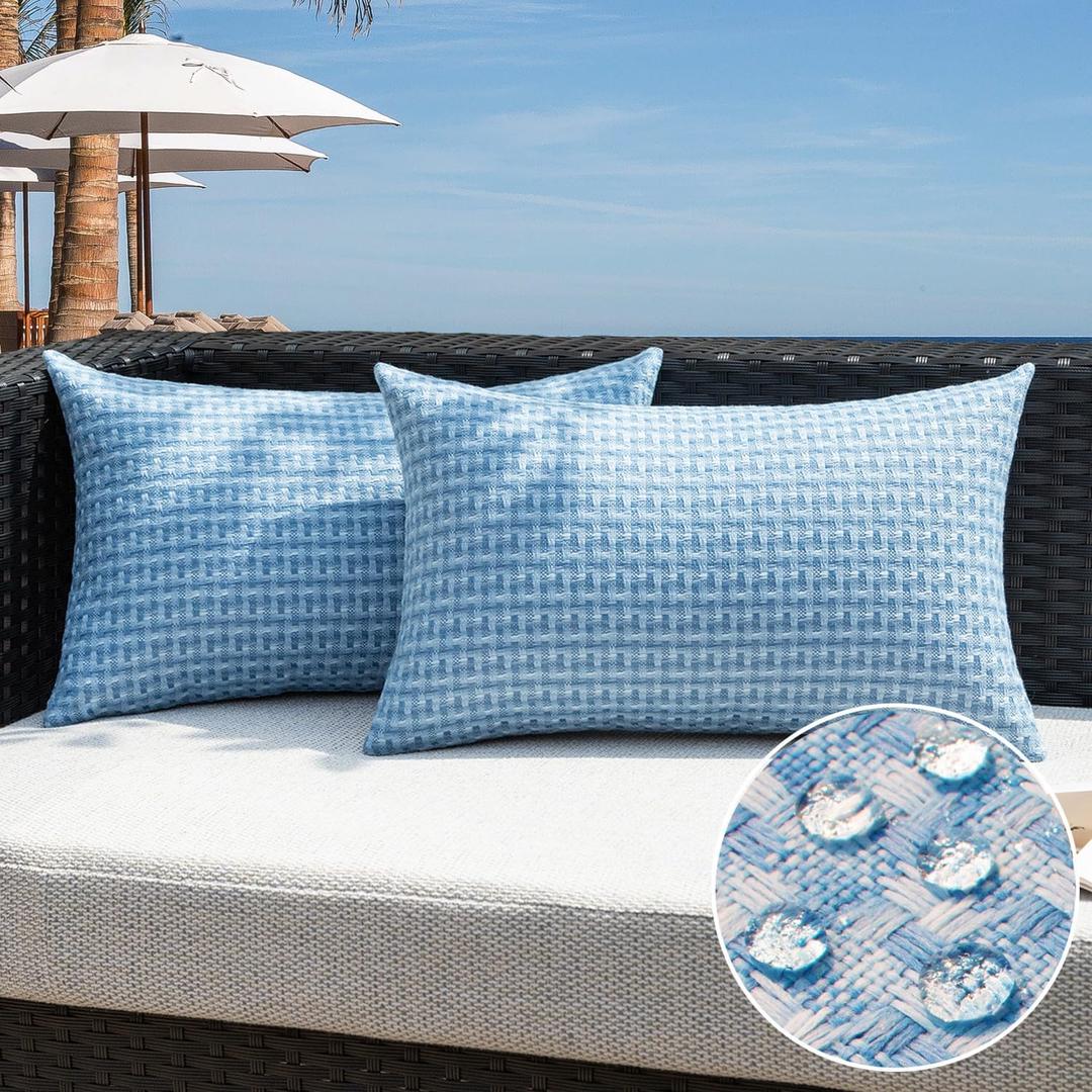 Kevin Textile Outdoor Waterproof Throw Pillow Covers Pack of 2 Farmhouse Decorative Cushion Covers for Garden Patio Tent Balcony Bench Couch Sofa 12x20 Inch, Light Blue