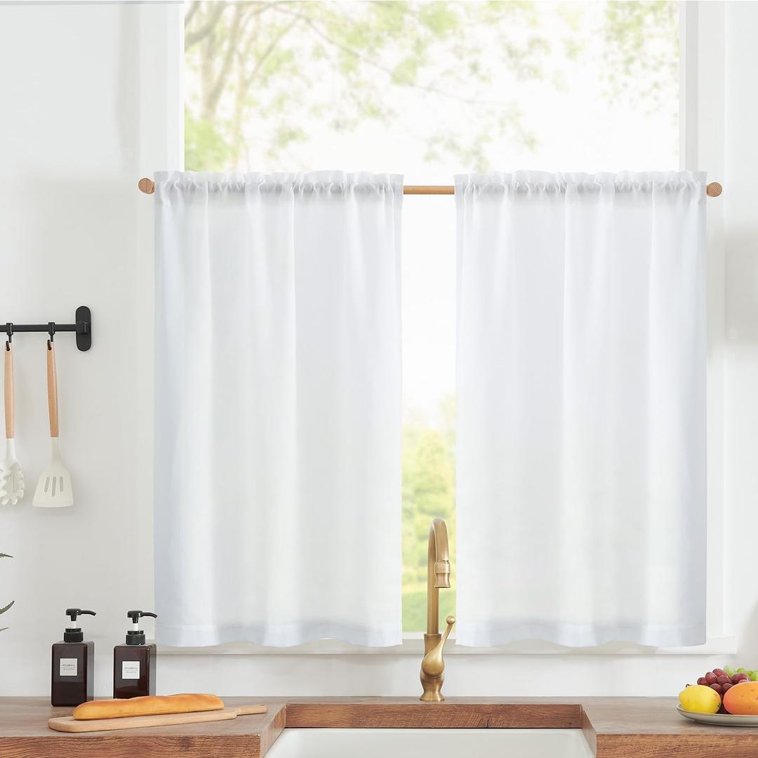 jinchan Linen Textured Tier Curtains 24 Inch for Kitchen Windows Farmhouse Cafe Curtains Small Drapes Rustic Light Filtering Half Window for Living Room Laundry Rod Pocket 2 Panels White, 26"W x 24"L (Pack of 2), Linen Blend White