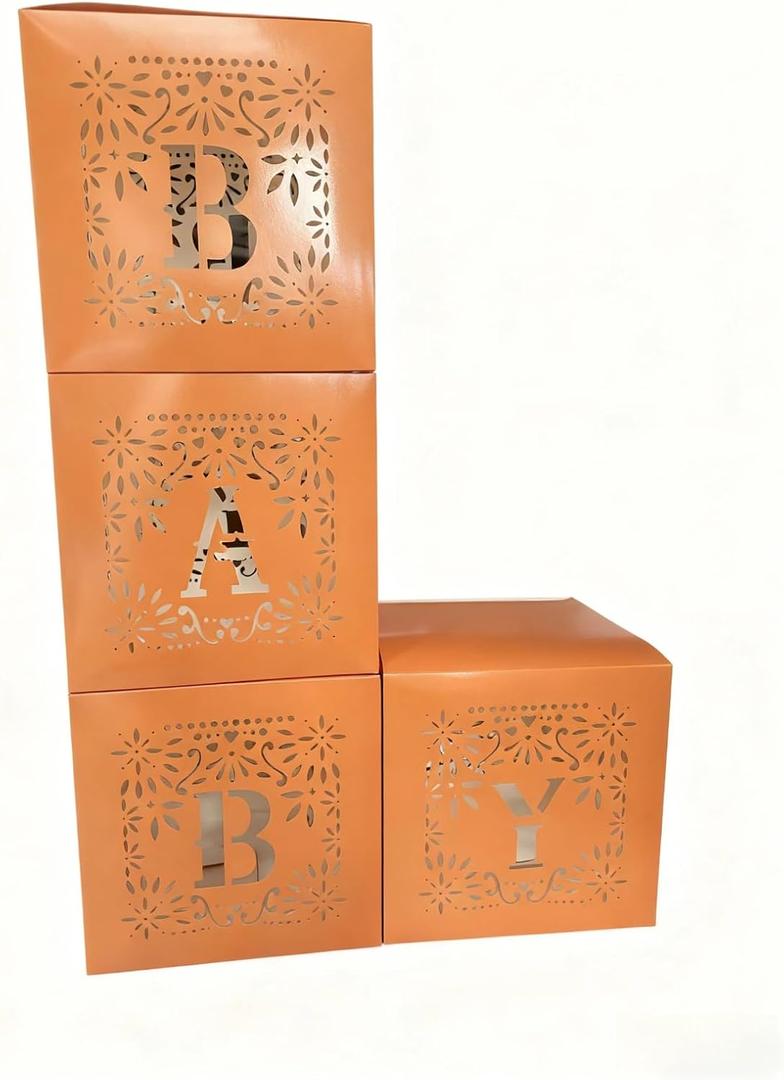 4-piece Cielito Lindo baby shower decor set (brown) comes with Paper Cuttings style, letter details and Mexican carnival building block gift boxes. Perfect for gender reveal and birthday parties.