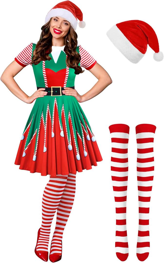 Hillban 3 Pcs Christmas Elf Costume Set Women Short Sleeve Christmas Dress Thigh High Socks Santa Hat (Medium, Bright Style)