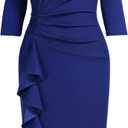 AISIZE Women's Retro 3/4 Sleeve Ruched Elegant Business Pencil Sheath Dress (Royal Blue)