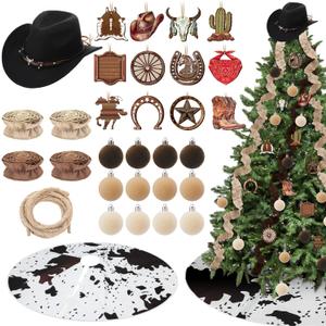 Syhood 31 Pcs Western Cowboy Christmas Tree Decor Set Velvet Christmas Ball Rustic Cowboy Hat Rope Cowhide Print Xmas Tree Skirt Wooden Ornament Vintage Burlap Ribbon for Xmas Holiday Party Home Decor