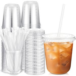 Ziliny 50 Sets Clear Plastic Cups with Lids and Straws, Disposable Iced Coffee Cups Drinking PET for Cold Drinks, Juice, Smoothie, Coffee Shops, Party, Christmas (14 oz,Clear)